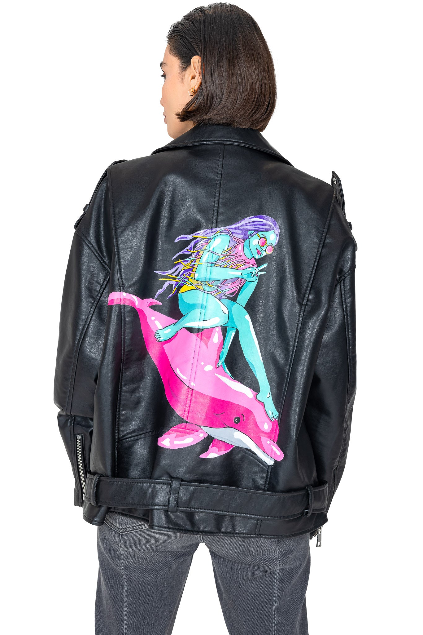 Ride or Die Dolphin Surfer Pleather Jacket